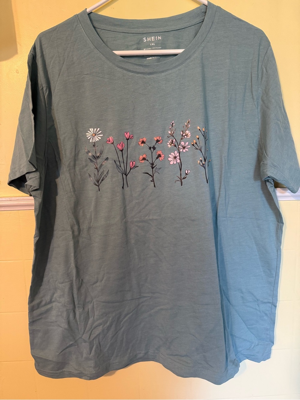 SHEIN Mint Green Short-Sleeve Tee with Pink & White Floral Row